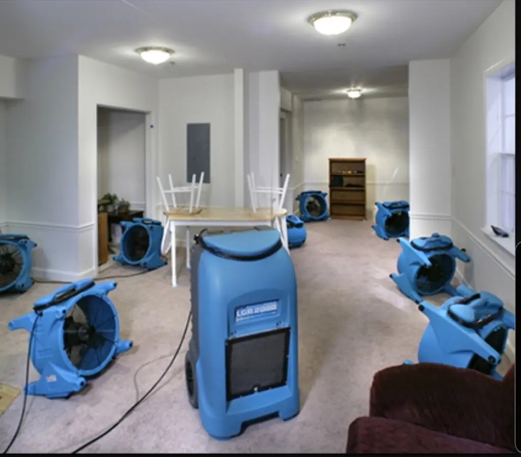 Air movers and dehumidifier setup for Water Damage Restoration in East Donegal